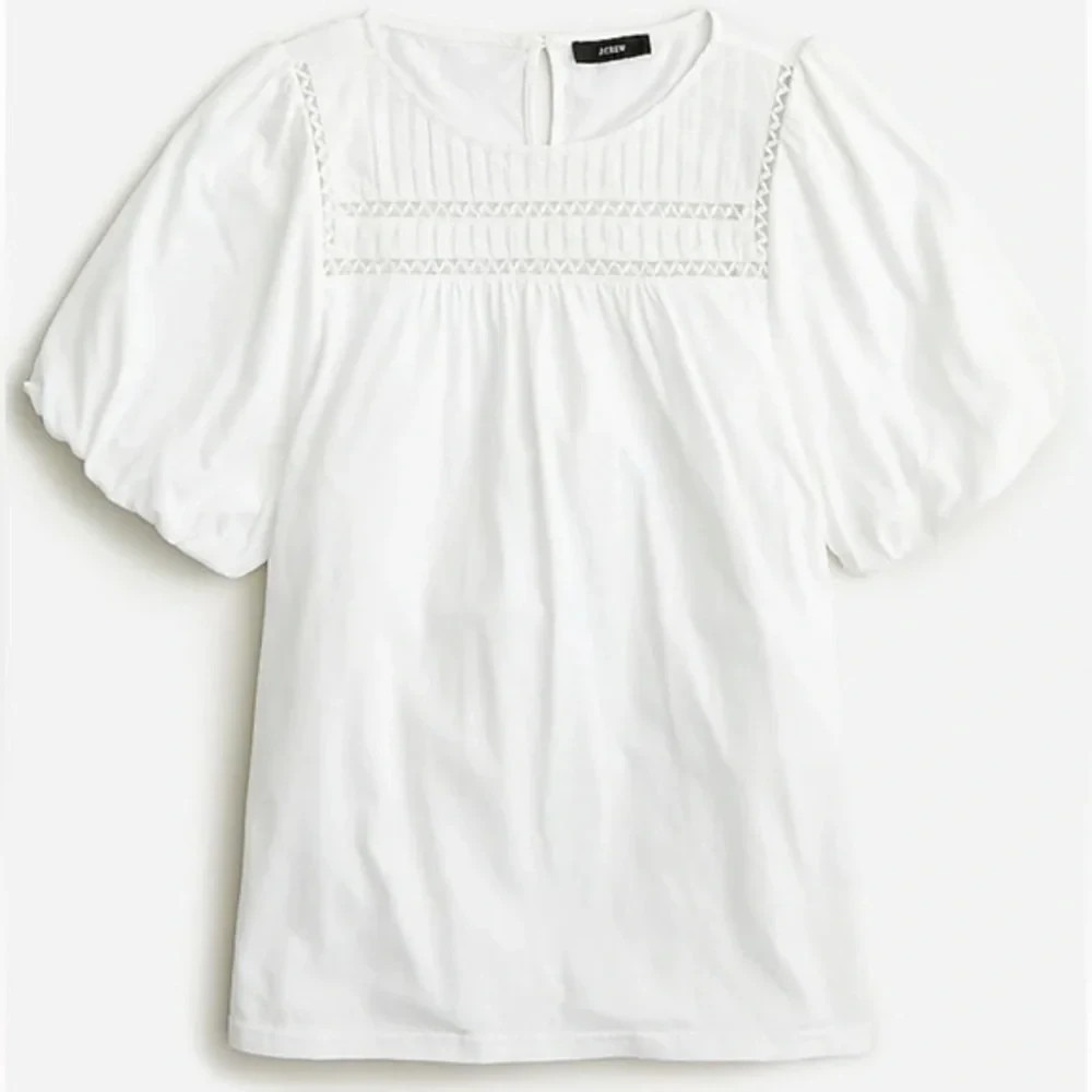 NWT J Crew Lace Trim Puff Sleeve Pintuck T-shirt Tee Top White Cotton S 2 4 6